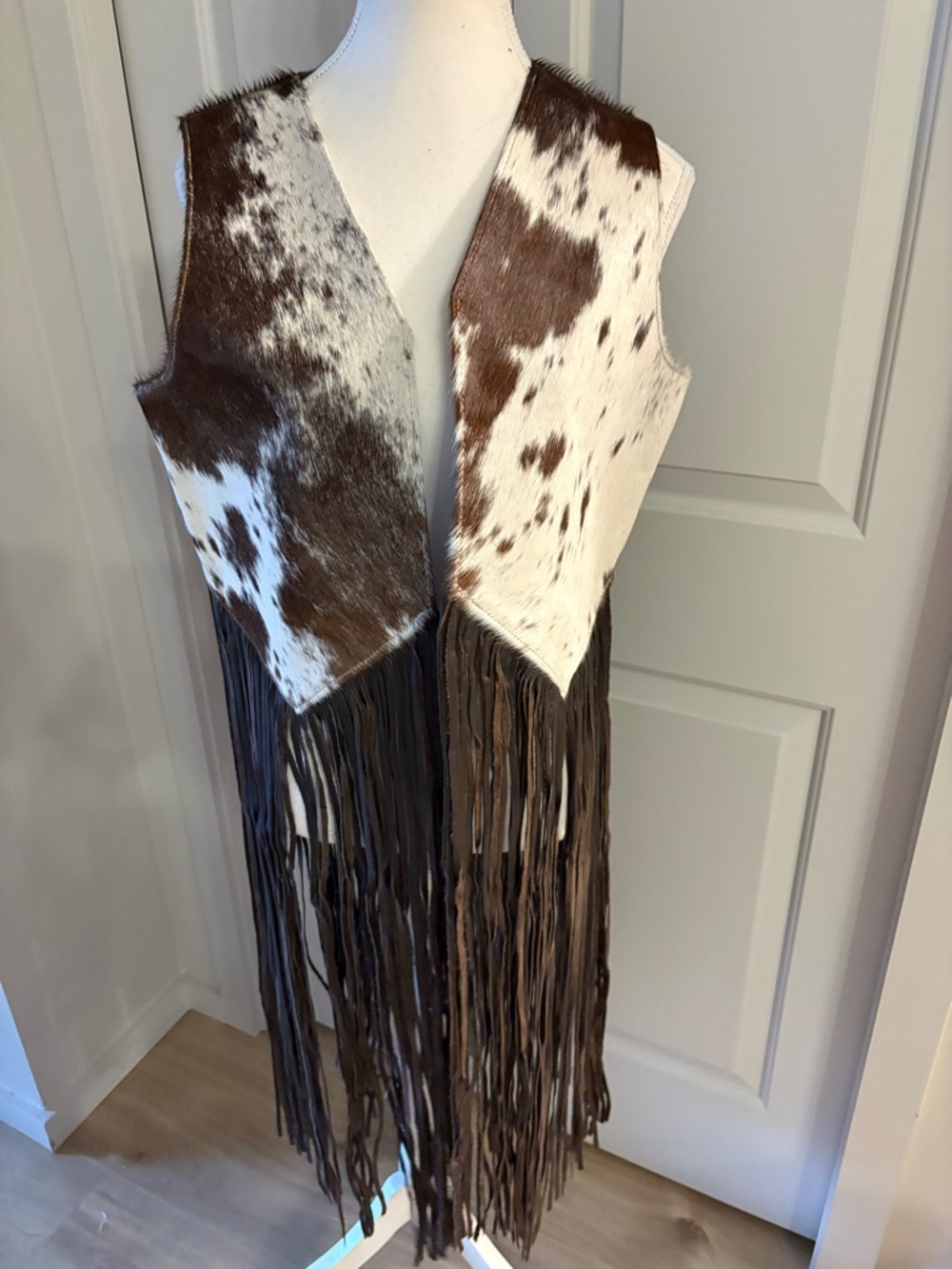 Brown and White Cowhide Fringe Vest
